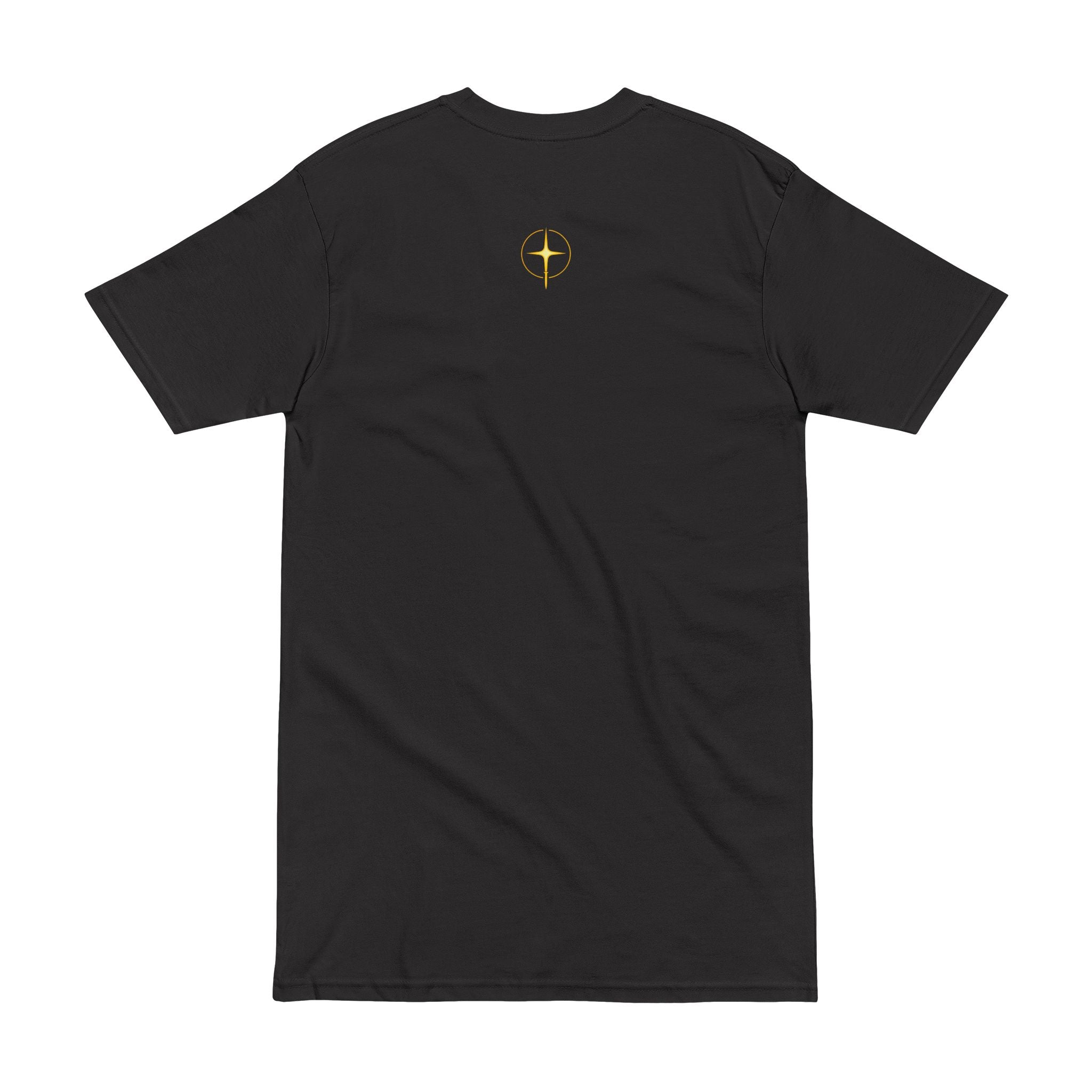 No Darkness Co text tee | T-Shirt, small gold cross back print