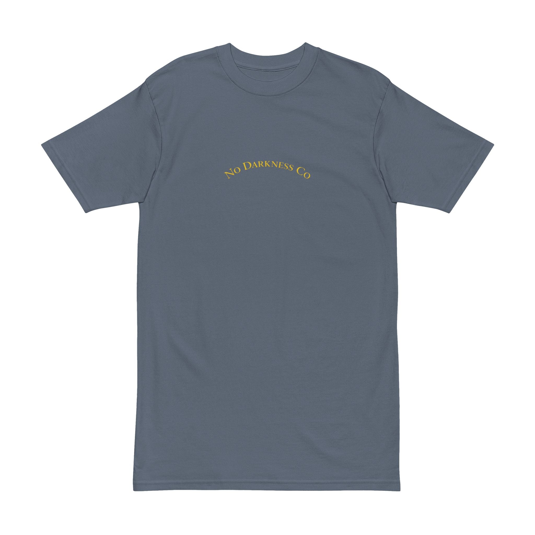 No Darkness Co text tee | T-Shirt, small gold cross back print