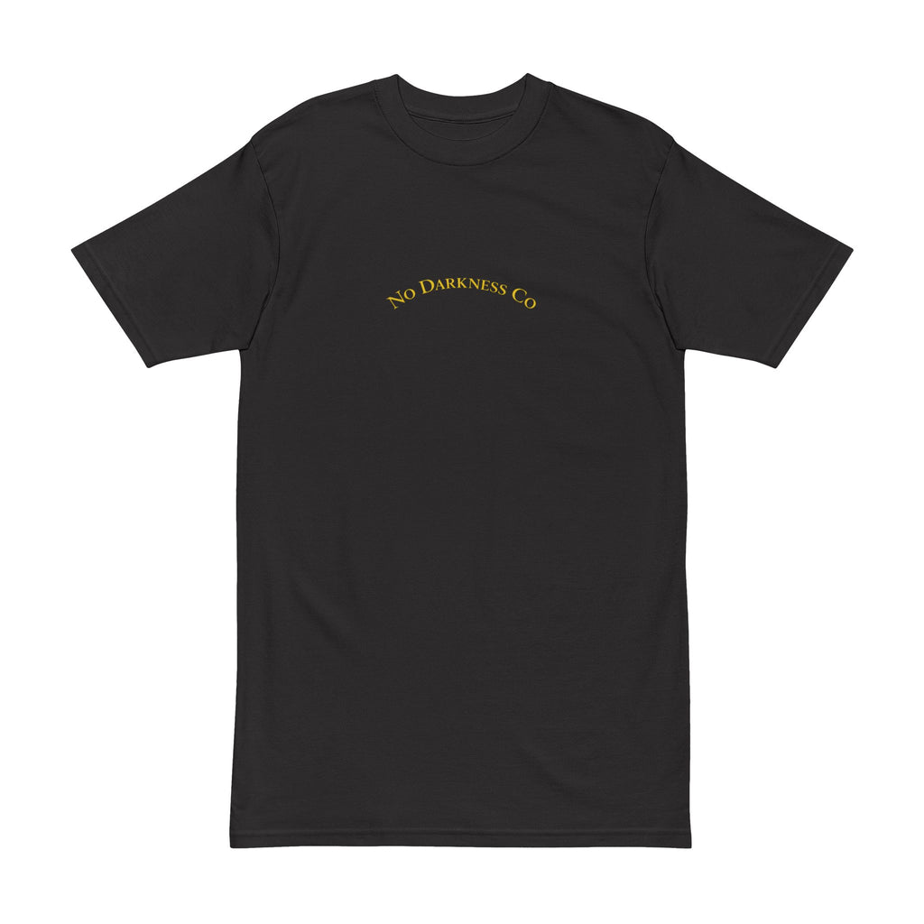No Darkness Co text tee | T-Shirt, small gold cross back print
