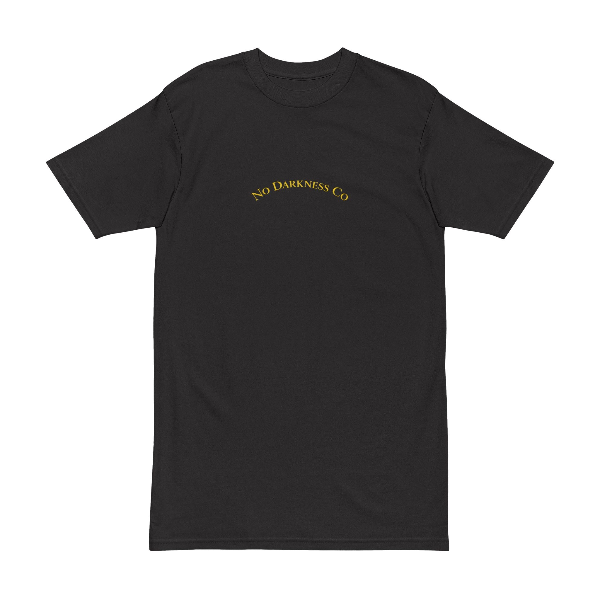 No Darkness Co text tee | T-Shirt, small gold cross back print